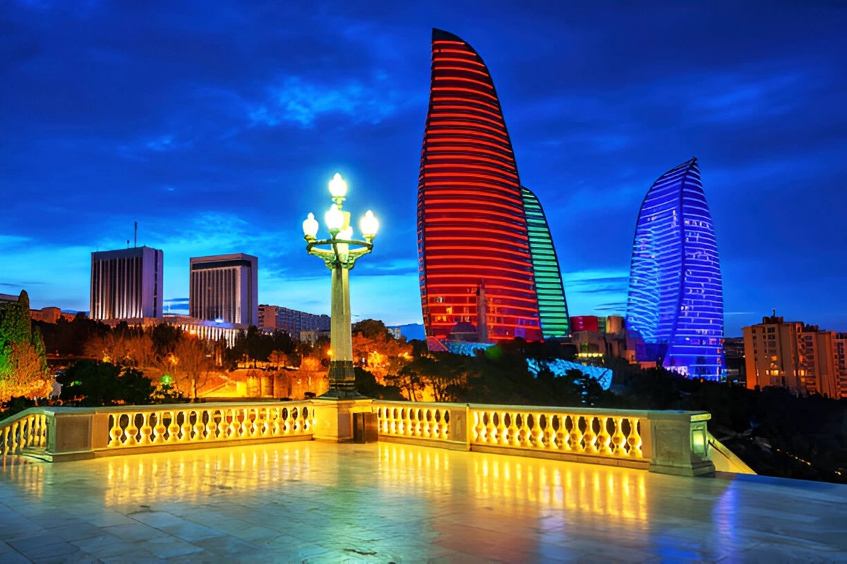 The Flame Towers and Baku skyline at night